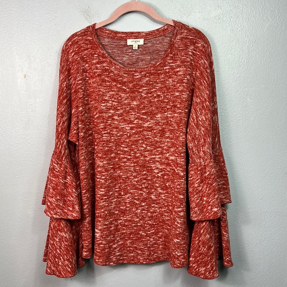 Umgee Orange Heather Tiered Ruffle Sleeve Top Medium